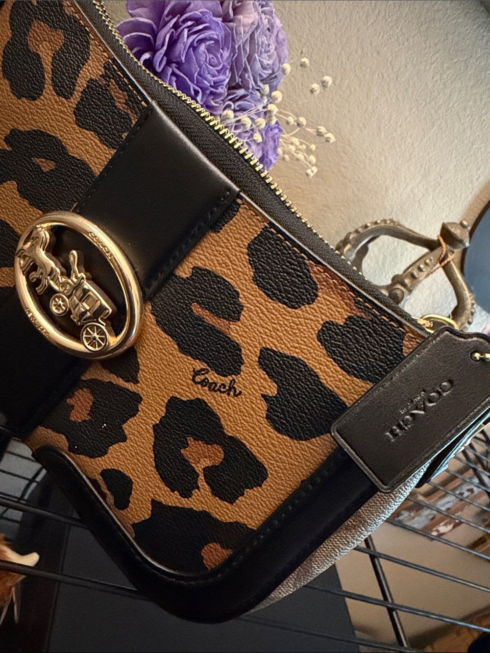 Coach Leopard-Print Leather Shoulder Bag - Brown/Black/Gold - Picture 2 of 7